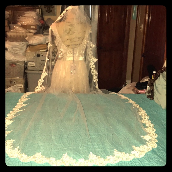 Pink Magnolia Accessories - NEW Beautiful beaded and lace cathedral veil white